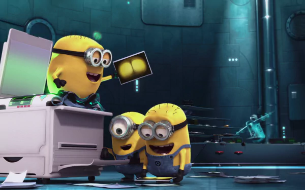 Three playful minions gather around a printer, sharing excitement over an image. This colorful scene from the movie Despicable Me makes an engaging HD PC desktop wallpaper.