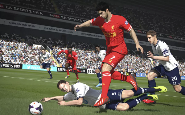 A dynamic scene from FIFA 14 shows a player in a red jersey skillfully evading a tackle on the field, surrounded by other players, captured in high-definition for PC wallpaper.