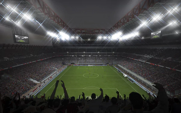 A high-definition wallpaper depicting a vibrant stadium scene from FIFA 14, showcasing enthusiastic fans under bright lights and an expansive football field.