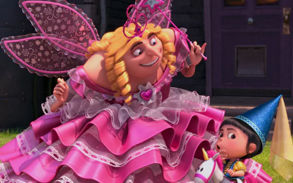 HD desktop wallpaper from Despicable Me 2 featuring Agnes in a blue wizard hat holding a unicorn toy, with Gru dressed as a fairy in a pink dress and wings.
