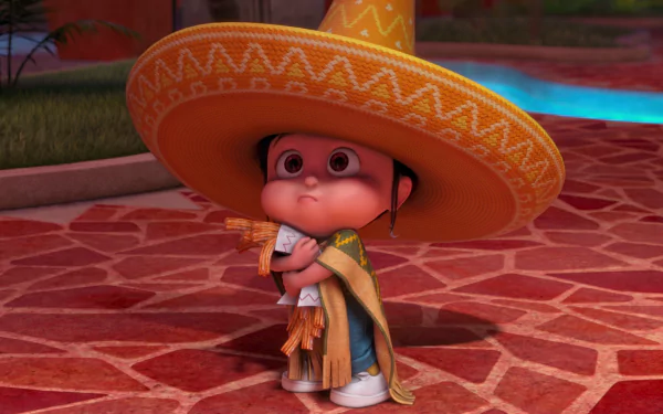 HD desktop wallpaper of Agnes from Despicable Me 2, wearing a large yellow sombrero and traditional attire, standing on a red tiled surface with greenery and a pool in the background.