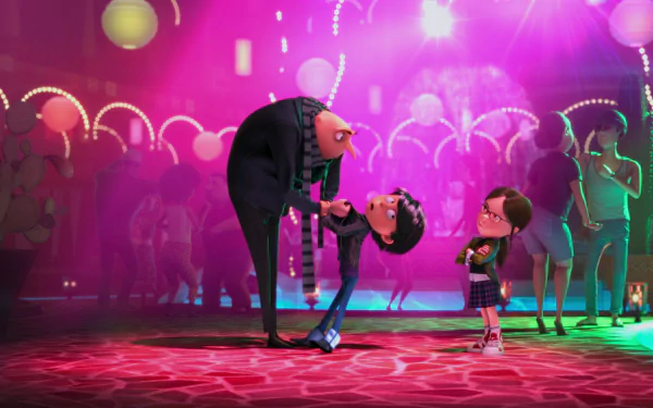 HD desktop wallpaper from Despicable Me 2 featuring Gru bending down to talk to his son while Margo stands nearby in a vibrant, colorful party scene.