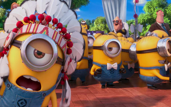 Colorful scene from Despicable Me 2 featuring cheerful Minions in various outfits, set against a vibrant background, creating a lively HD desktop wallpaper and background.