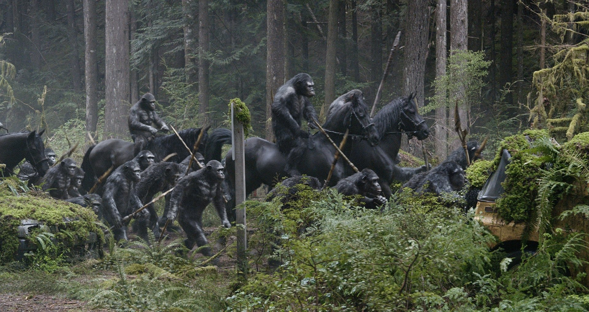 A striking HD desktop wallpaper featuring a scene from Dawn of the Planet of the Apes, showcasing an intense moment with apes on horseback in a lush forest setting.