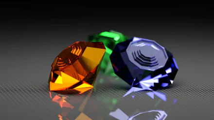 A stunning CGI artwork featuring artistic 3D representations of colorful diamonds and crystals, including vibrant topaz, set against a sleek black background. HD wallpaper quality.