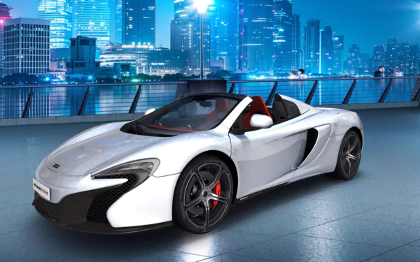 White McLaren 650S Spider supercar showcased on a city rooftop at night, featured as an HD PC desktop wallpaper and background.