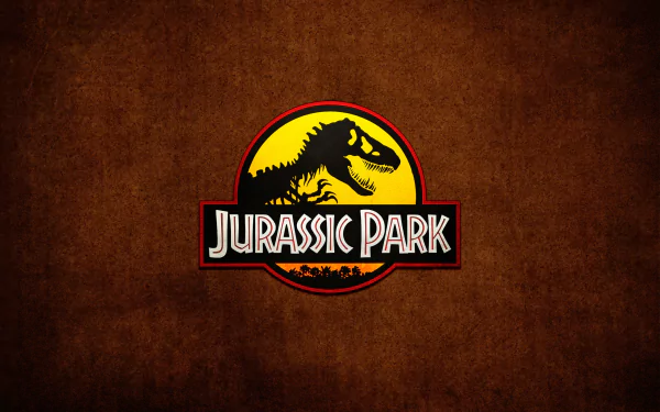A high-definition desktop wallpaper featuring the iconic Jurassic Park logo, set against a textured brown background, capturing the essence of the classic dinosaur movie.