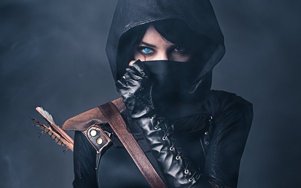 Mujeres Cosplay Hood Leather Black Hair Glove Arrow Thief Blue Eyes Scar Fondo de pantalla HD | Fondo de Escritorio