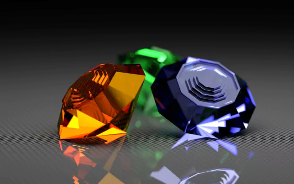 A stunning CGI artwork featuring artistic 3D representations of colorful diamonds and crystals, including vibrant topaz, set against a sleek black background. HD wallpaper quality.