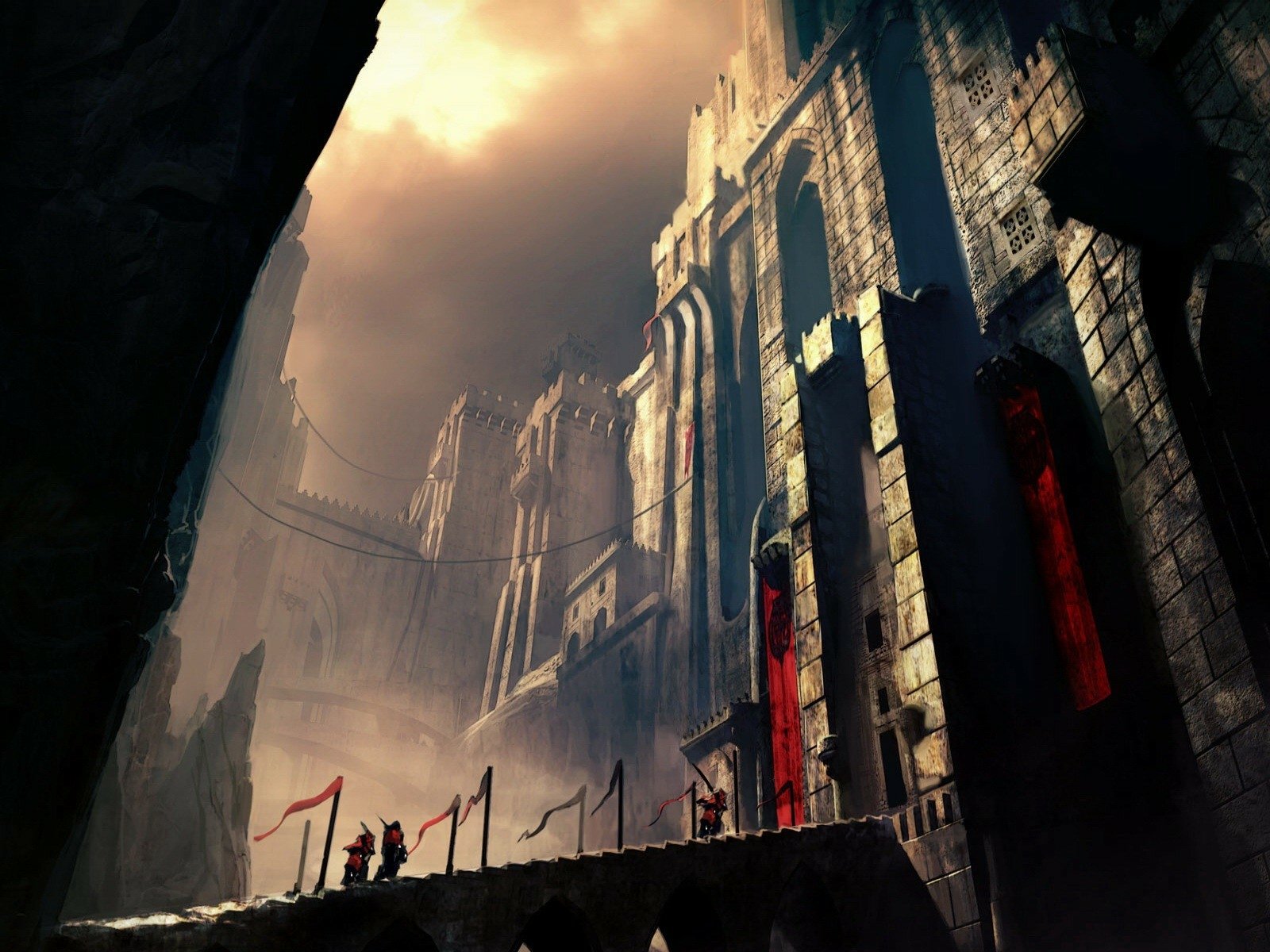 HD desktop wallpaper depicting a scene from the video game Prince of Persia: Warrior Within, featuring towering, ominous castle walls under a dramatic, cloudy sky.