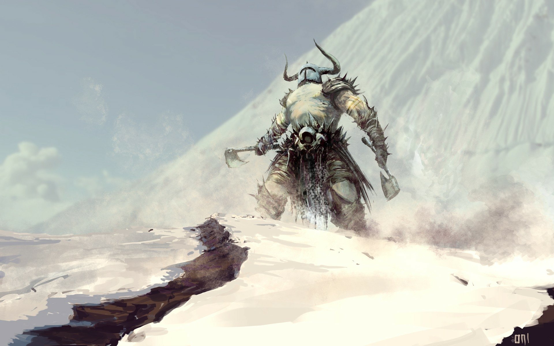 HD fantasy Viking warrior with horned helmet and armor stands in a snowy, misty landscape, creating a striking PC desktop wallpaper background.