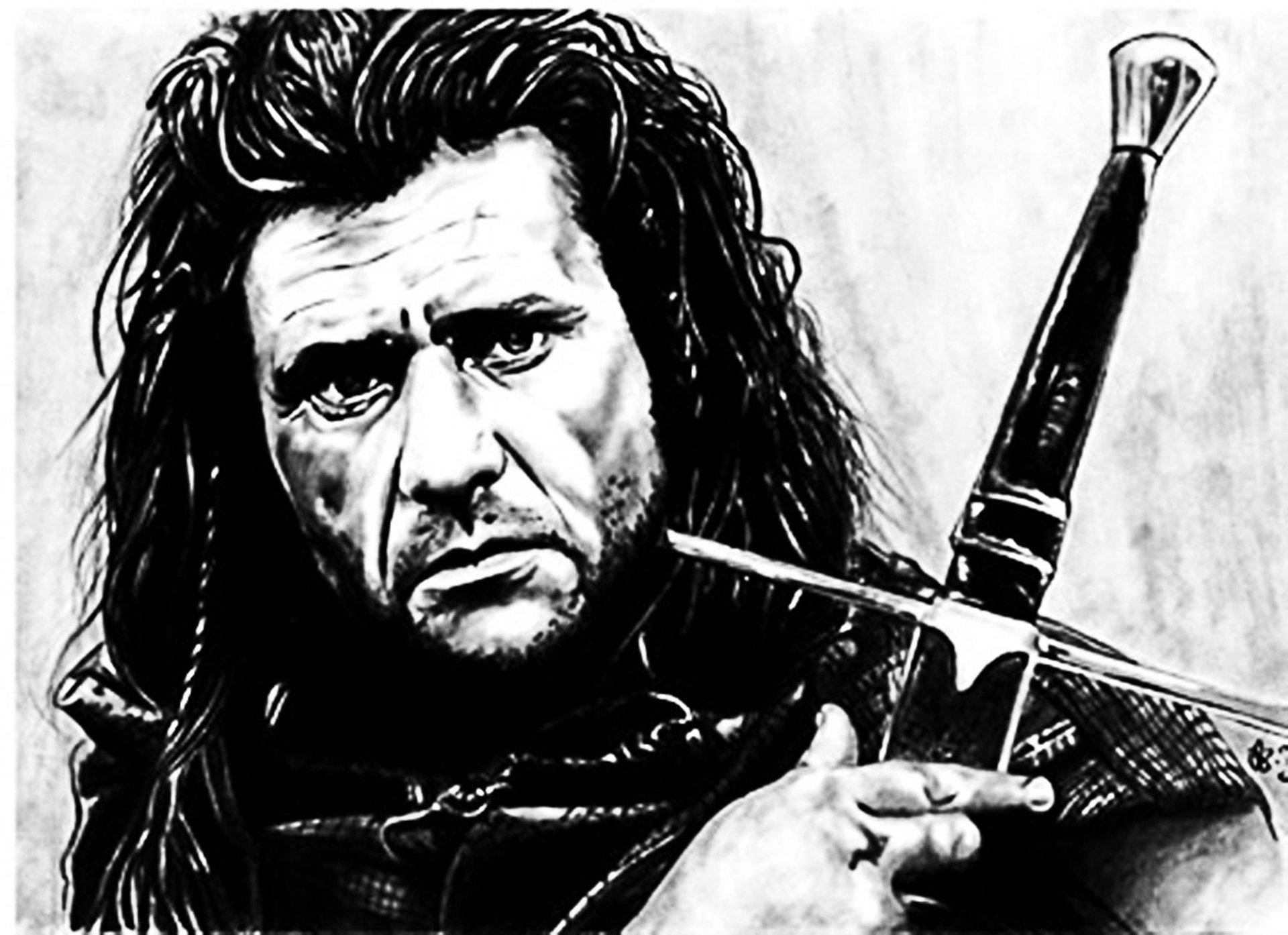 A powerful black and white HD wallpaper featuring a character from the movie Braveheart, showcasing intensity with a sword and a determined expression.