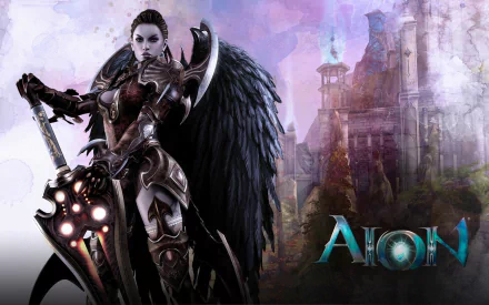 HD PC desktop wallpaper featuring a dark-winged armored warrior from the video game AION, set against a mysterious, castle-like background with mystical lighting.