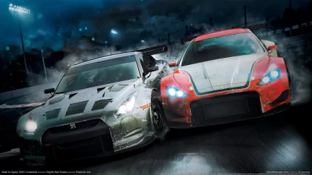 HD PC desktop wallpaper featuring intense nighttime racing with two cars from the video game Need for Speed: Shift 2 Unleashed.