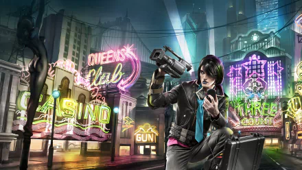 HD PC desktop wallpaper featuring a character from Saints Row: The Third in a neon-lit cityscape with signs for Queens Club, Casino, and Gun Shop.
