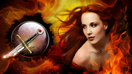 HD wallpaper featuring Simone Simons of Epica surrounded by fiery flames, with a sword and circular emblem set against a vibrant, intense background.