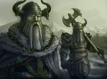 HD fantasy warrior wallpaper depicting two Viking warriors in detailed armor and horned helmets, set against a misty, mountainous backdrop.