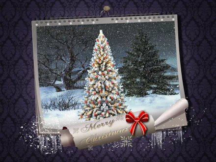 A beautifully decorated Christmas tree stands in a snowy landscape, accompanied by festive Merry Christmas text, creating a joyful holiday atmosphere in this HD desktop wallpaper.