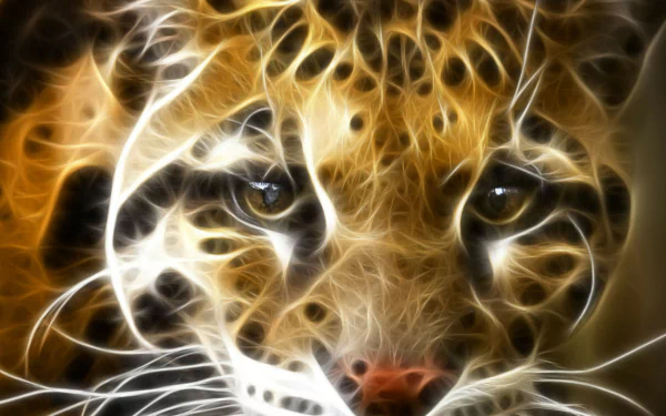 HD PC desktop wallpaper featuring a glowing, abstract close-up of an ocelot's face with intense eyes and intricate fur patterns.