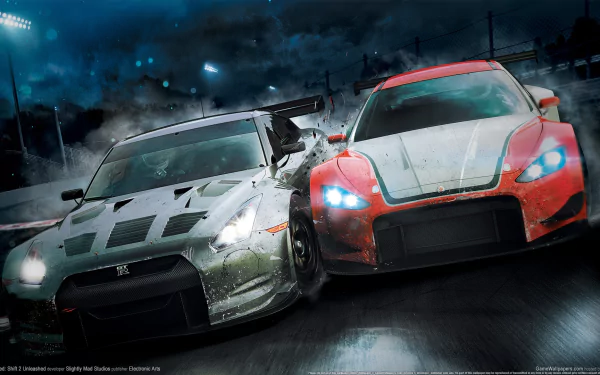 HD PC desktop wallpaper featuring intense nighttime racing with two cars from the video game Need for Speed: Shift 2 Unleashed.