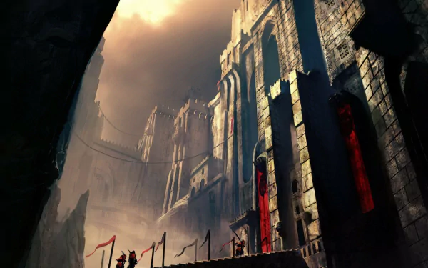 HD desktop wallpaper depicting a scene from the video game Prince of Persia: Warrior Within, featuring towering, ominous castle walls under a dramatic, cloudy sky.