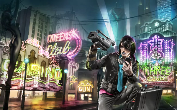 HD PC desktop wallpaper featuring a character from Saints Row: The Third in a neon-lit cityscape with signs for Queens Club, Casino, and Gun Shop.