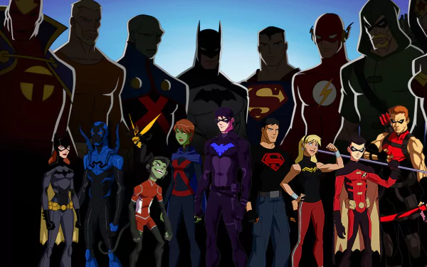 A vibrant HD wallpaper featuring characters from the TV show Young Justice, showcasing heroes like Batman, Superboy, and others against a dynamic silhouette background.