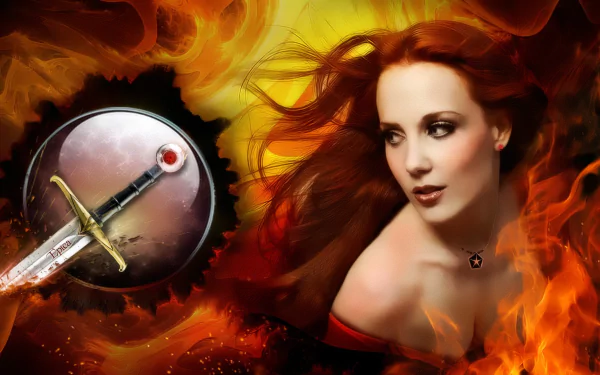 HD wallpaper featuring Simone Simons of Epica surrounded by fiery flames, with a sword and circular emblem set against a vibrant, intense background.