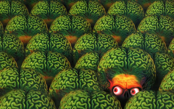 HD PC desktop wallpaper/background: Mars Attacks movie scene of a sea of green alien brains, one peeking out with glowing red eyes.