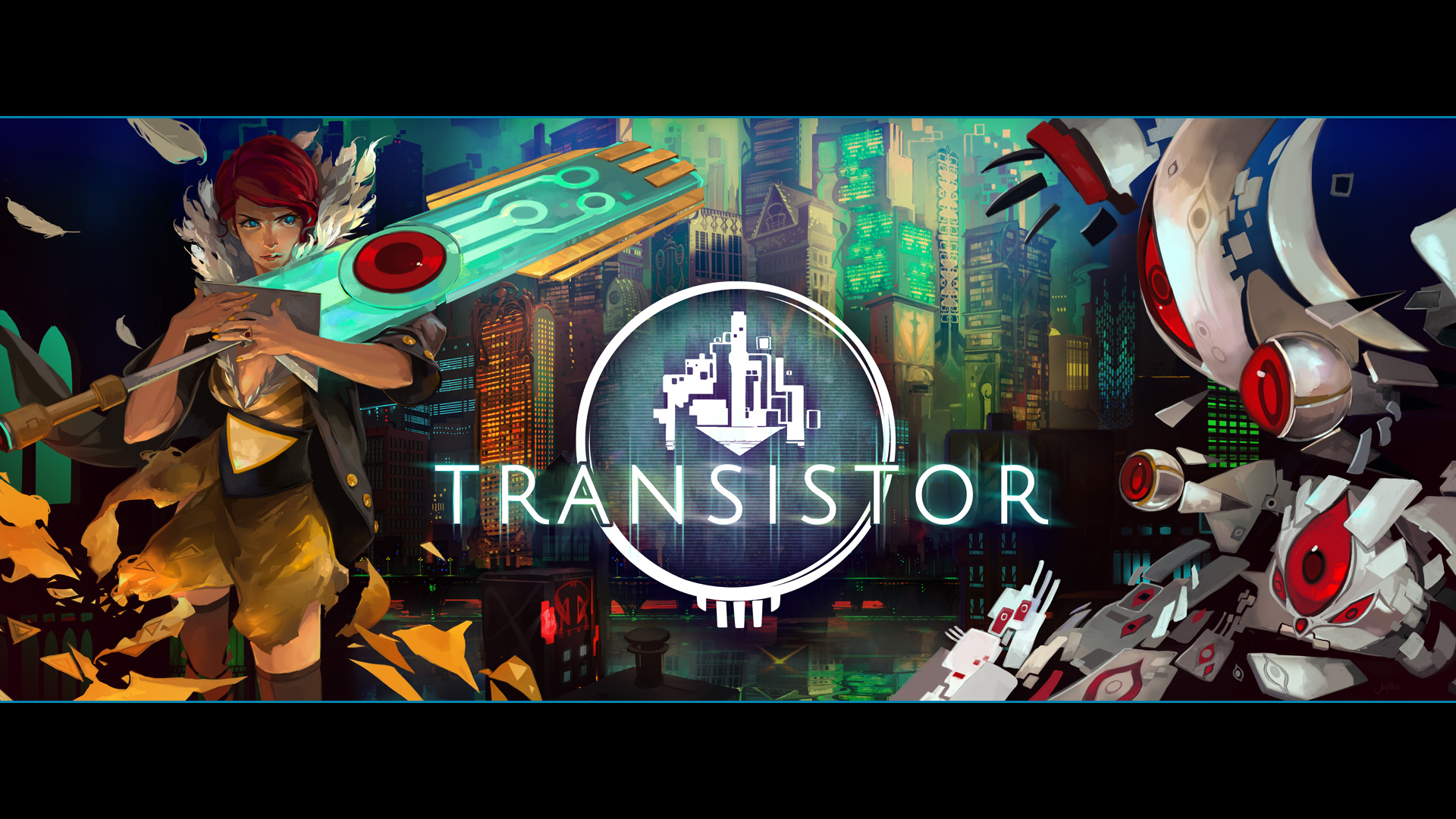 HD desktop wallpaper featuring artwork from the game Transistor, with a character holding a large sword set against a vibrant, futuristic cityscape.