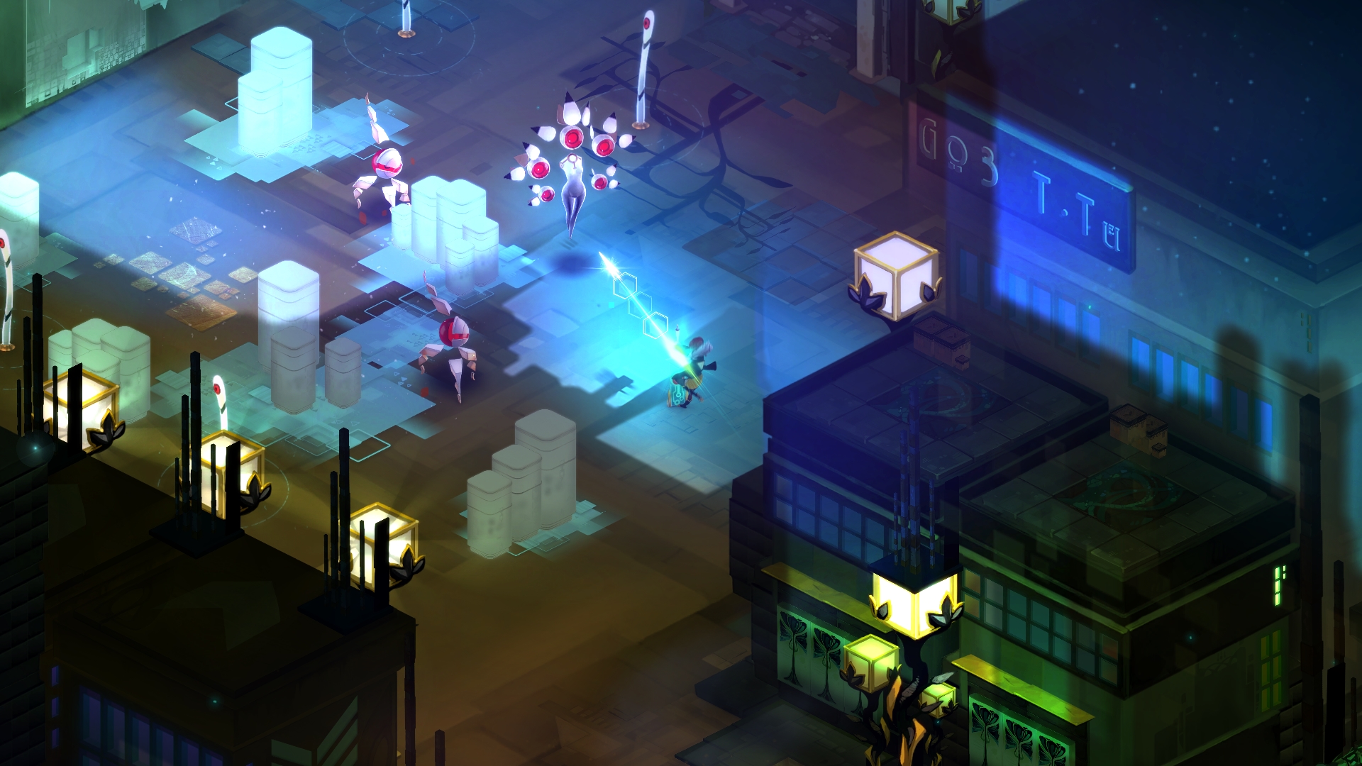 HD desktop wallpaper depicting a scene from the game Transistor, showcasing character combat on a dimly lit, futuristic cityscape.