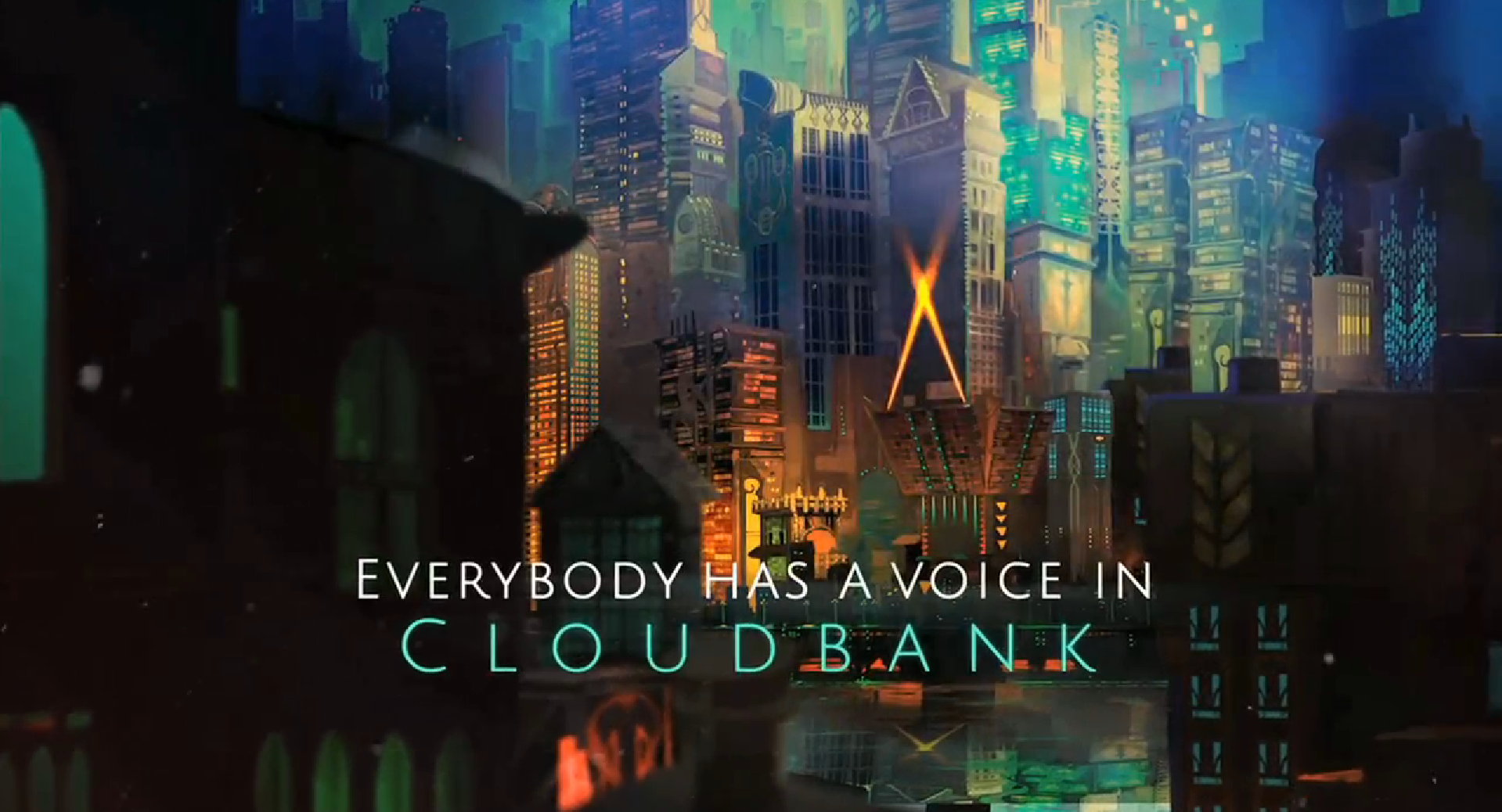 HD desktop wallpaper featuring a vibrant cityscape from the game Transistor with the text Everybody has a voice in Cloudbank.