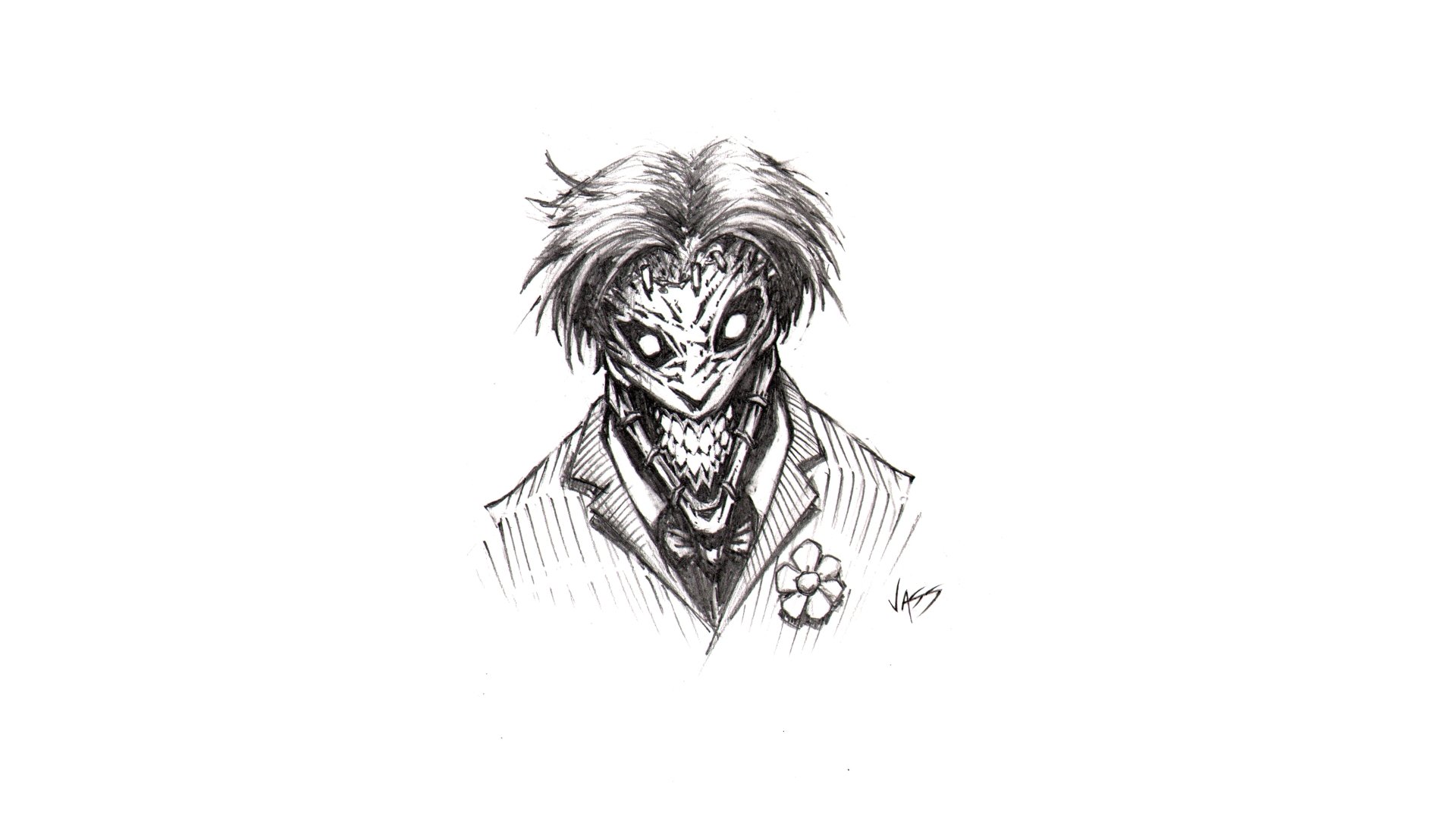 A detailed black-and-white comic illustration of the Joker, featuring a sinister expression and a suit, designed as a 4K Ultra HD PC desktop wallpaper and background.