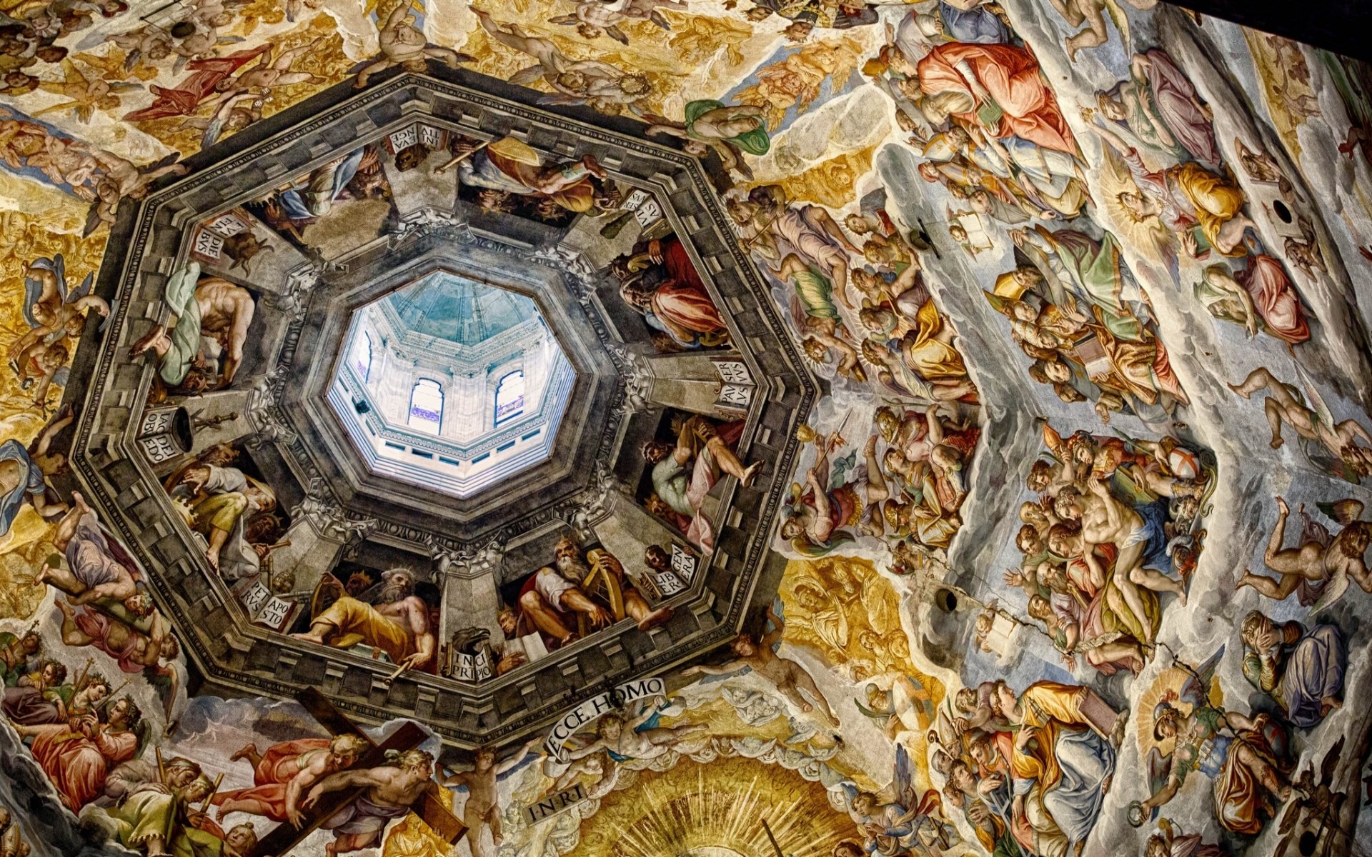 HD desktop wallpaper showcasing the intricate and colorful frescoes inside the dome of the Basilica of Saint Mary of the Flower, highlighting its religious art and architecture.