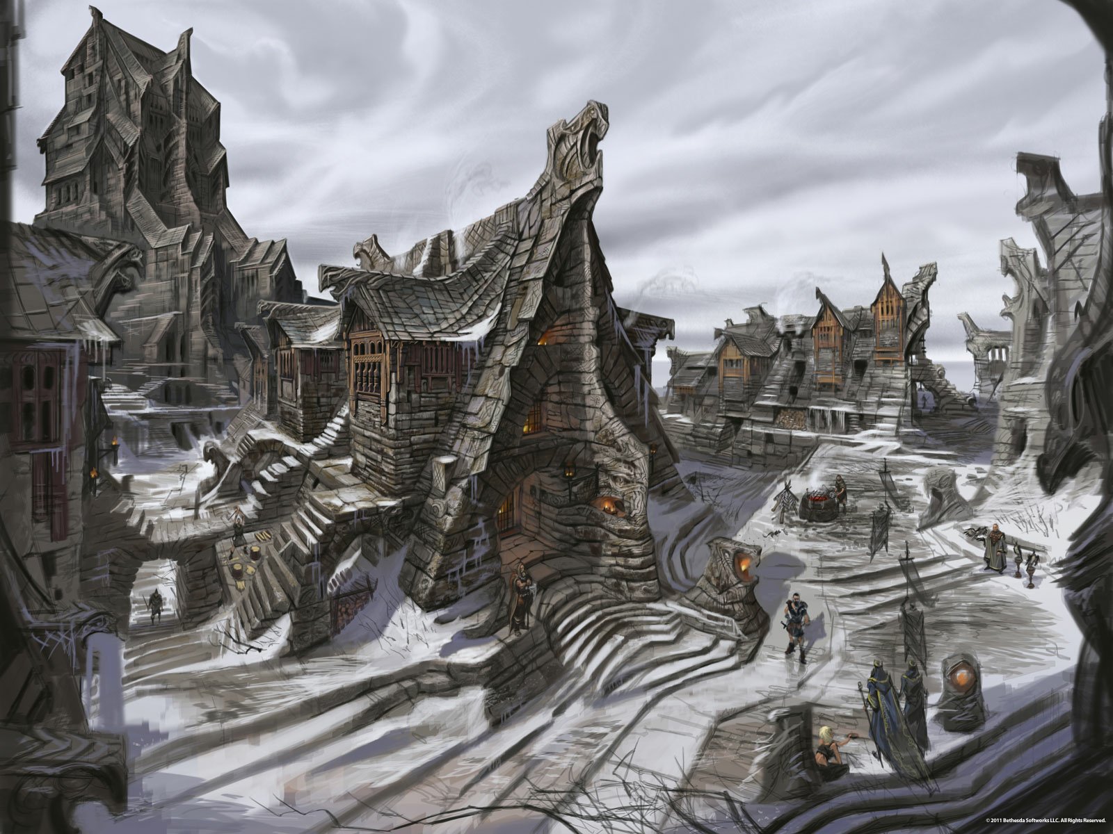 HD wallpaper depicting a snow-covered village from The Elder Scrolls V: Skyrim video game, showcasing intricate Nordic architecture under a cloudy sky.