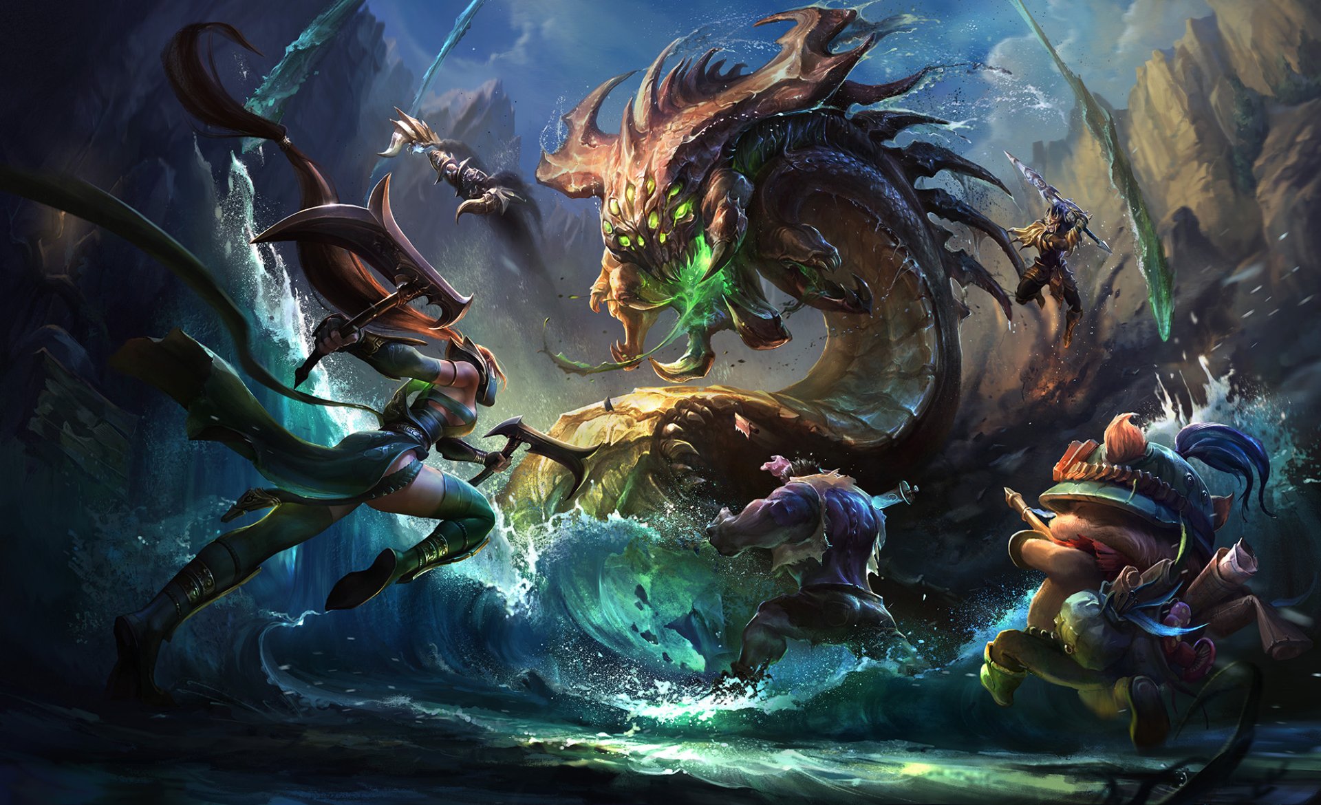 A fantasy battle scene featuring Jayce, Dr. Mundo, Nocturne, Teemo, and Akali from League of Legends, set against a dramatic backdrop with a monstrous serpent. HD desktop wallpaper.