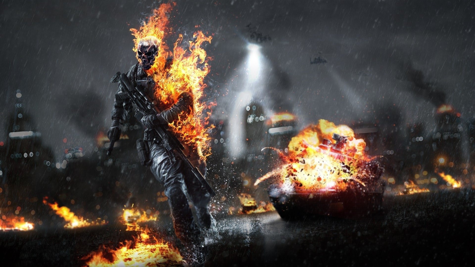Battlefield 4 video game HD PC desktop wallpaper: flaming soldier strides through rain past an exploding tank against a smoky city skyline.