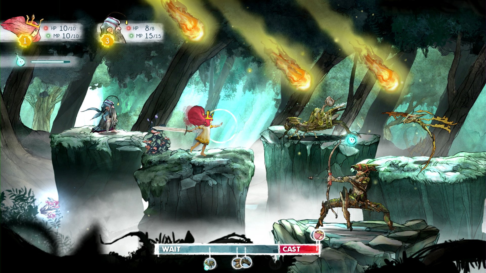 HD desktop wallpaper featuring a scene from the video game Child of Light, with characters in a mystical forest battle.