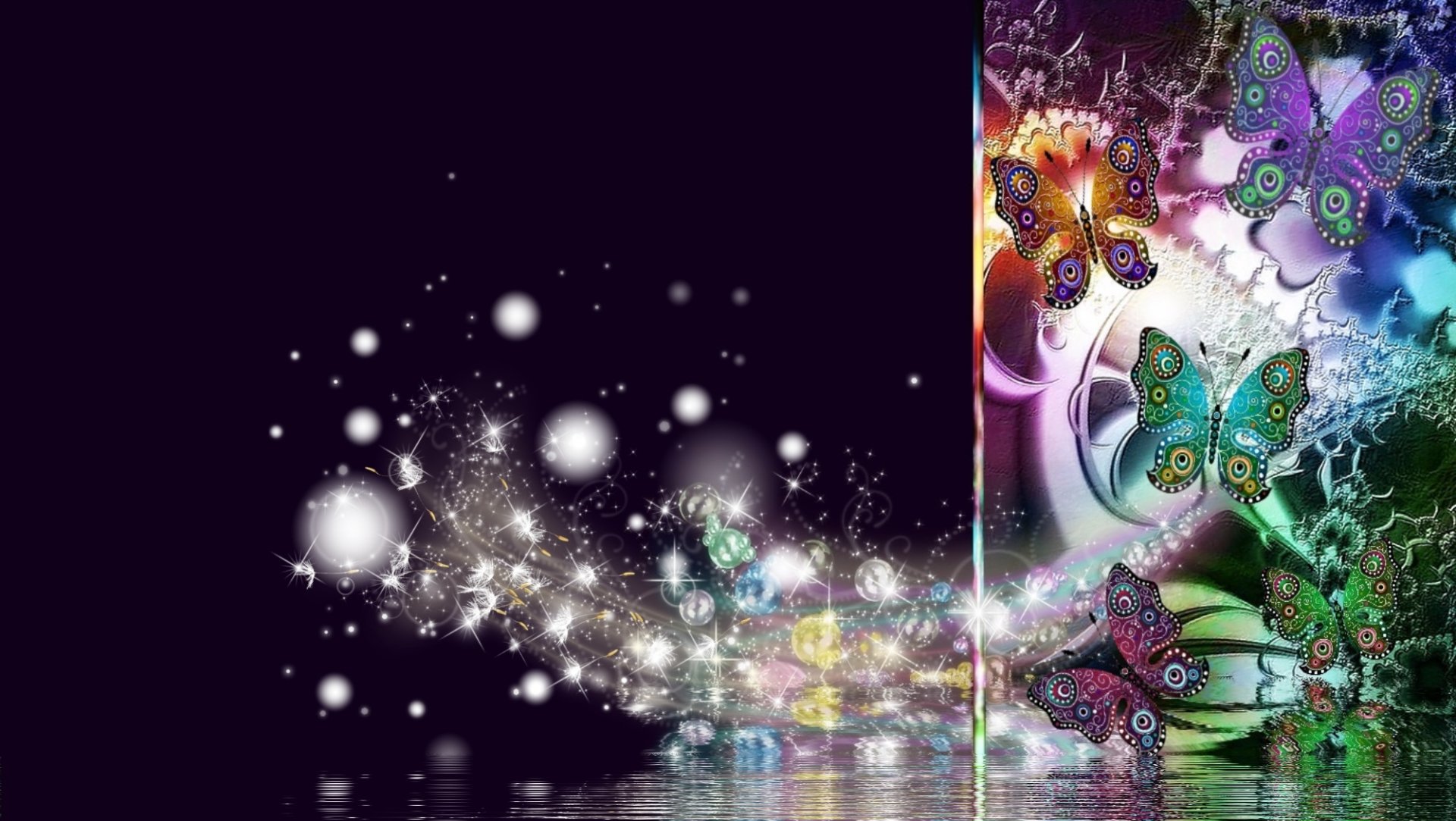 HD PC desktop wallpaper featuring vibrant, colorful butterflies against a dark background with sparkling light effects and reflections, creating a magical animal-themed scene.