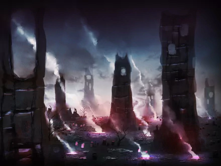 A dark, atmospheric scene from The Elder Scrolls V: Skyrim, featuring smoke and ruins, evoking the haunting essence of the Dawnguard expansion in a captivating HD wallpaper.