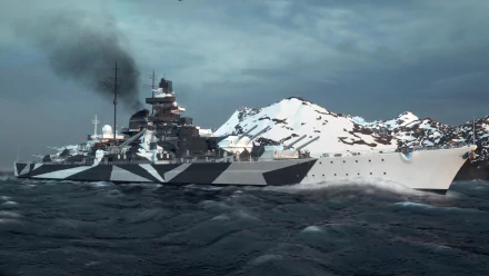 HD desktop wallpaper featuring the German battleship Tirpitz in a snowy mountainous military setting, showcasing its detailed camouflage and naval power.