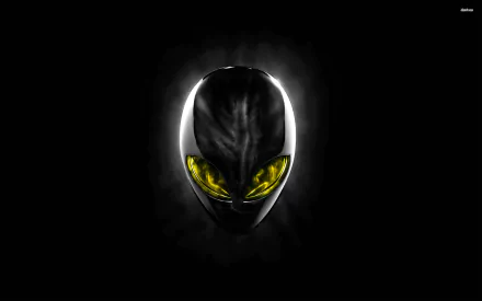 Dark-themed HD desktop wallpaper featuring an Alienware-inspired alien head with glowing yellow eyes, highlighting advanced technology and futuristic design.