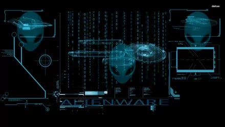 HD PC desktop wallpaper featuring a futuristic Alienware design with digital blueprints of alien heads and tech elements on a dark background.