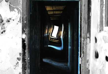 A distorted, dark hallway with warped walls and a bright opening at the end, showcasing creative photography manipulation in 4K Ultra HD quality.