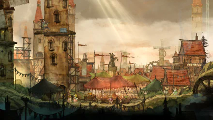 HD wallpaper featuring a whimsical scene from the game Child of Light with a fantasy town and sunbeams piercing the sky.