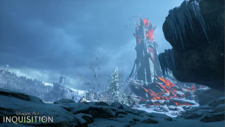 A captivating HD wallpaper showcasing a winter landscape from Dragon Age: Inquisition, featuring a towering structure with fiery accents amidst a snowy terrain.