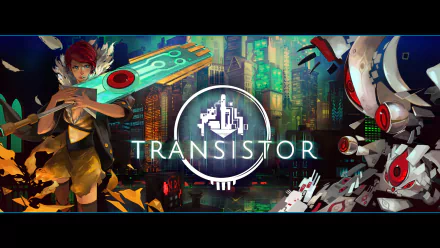 HD desktop wallpaper featuring artwork from the game Transistor, with a character holding a large sword set against a vibrant, futuristic cityscape.
