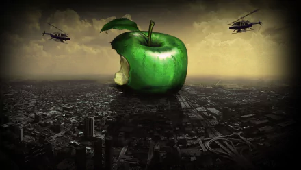 HD desktop wallpaper featuring a large green apple with a bite taken out, hovering over a dark cityscape with two helicopters in the sky.