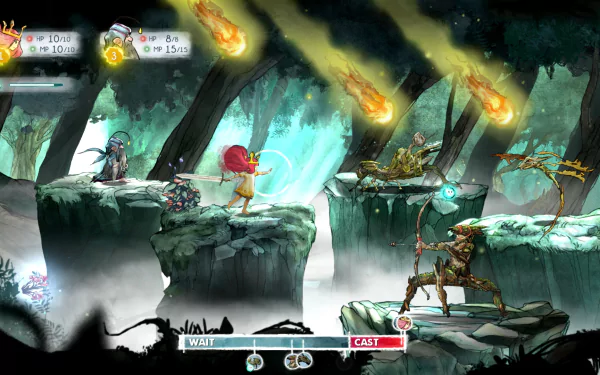 HD desktop wallpaper featuring a scene from the video game Child of Light, with characters in a mystical forest battle.
