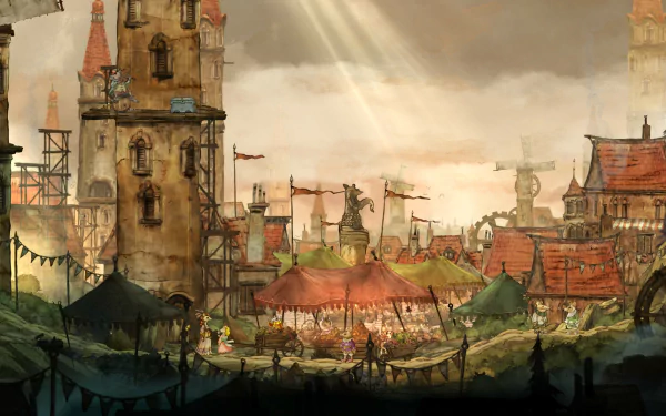 HD wallpaper featuring a whimsical scene from the game Child of Light with a fantasy town and sunbeams piercing the sky.